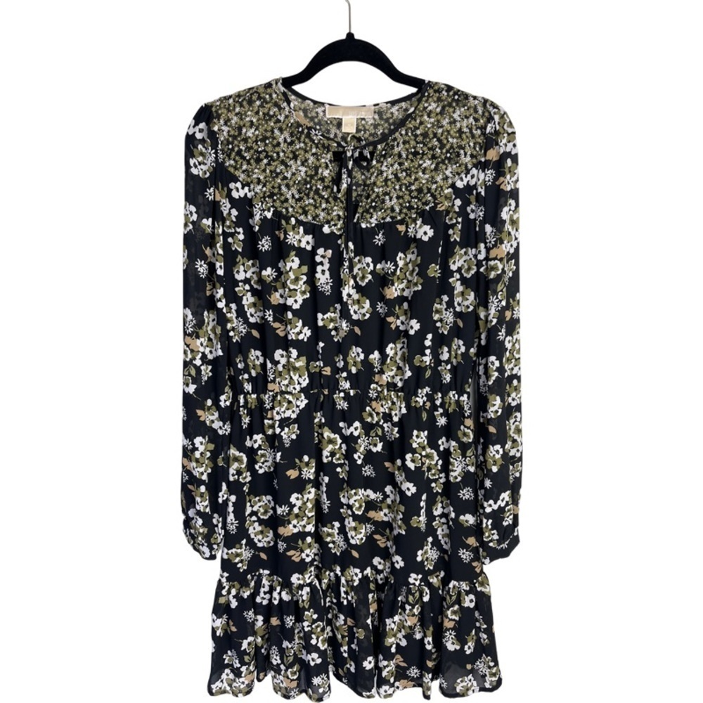 ✅ MICHAEL Michael Kors black green long sleeve mini dress fit & flare size M